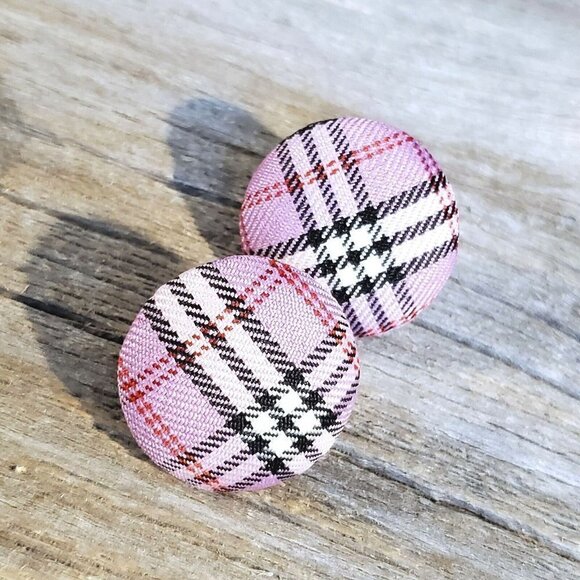 Lavender Purple Black White Tartan Plaid Fabric Button Earrings - Picture 3 of 5